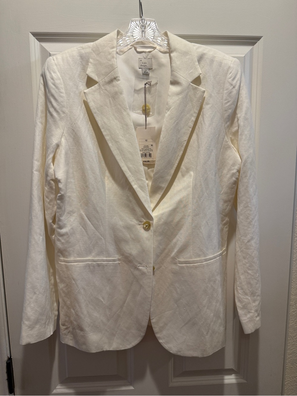 A New Day Ivory Linen Blend Notched Lapel Blazer, New with Tag, Size 12